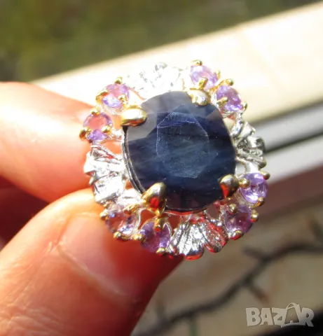 925 сребърен пръстен със сапфир 14x12мм, тегло на пръстена 9.7гр., снимка 1