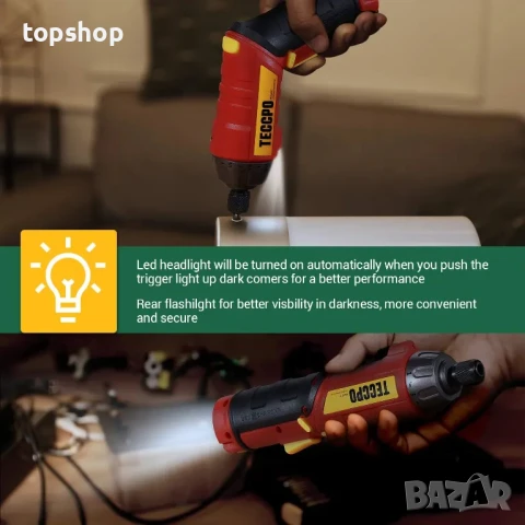 НОВ В куфарче акумулаторен винтоверт TECCPO, 2000mAh, с 45 бр. аксесоари, с LED, USB акумулаторна, снимка 5 - Винтоверти - 50493276