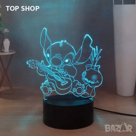 Стич 3D нощна лампа, аниме Stitch, USB,с дистанционно управление,16 цвята, 2 бр. 3Д представки, снимка 6 - Настолни лампи - 49157140