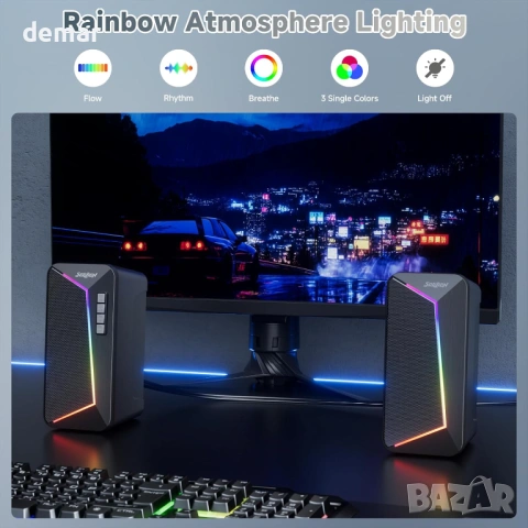 SOULION компютърни високоговорители, USB C/USB захранвани, цветна LED светлина, стерео 2.0, снимка 5 - Слушалки и портативни колонки - 54107409