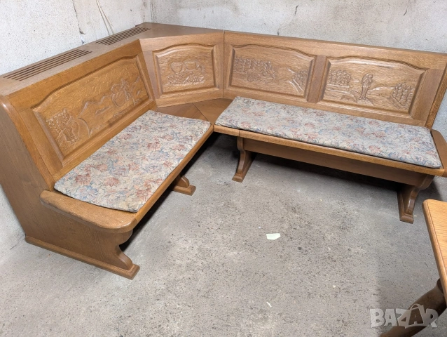 🪵🍷 Ъглова пейка от масивен дъб с лозаро-винарска дърворезба, снимка 2 - Дивани и мека мебел - 53974956