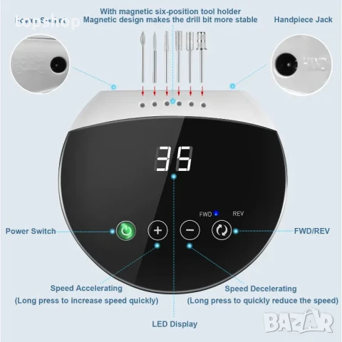 НОВА професионална пила за нокти ENGERWALL S20 35000RPM, 35W, ниско ниво на шум и ниски вибрации..., снимка 10 - Продукти за маникюр - 50552496