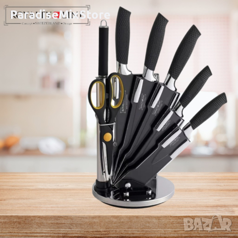 Комплект 5 броя ножове Royalty, точило, ножица в комплект с поставка, незалепващо покритие, снимка 1 - Прибори за хранене, готвене и сервиране - 44806838