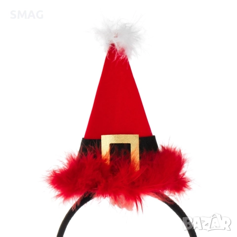 Коледна диадема с червена шапка и пера_1245265, снимка 2 - Шноли, диадеми, ленти - 52706589