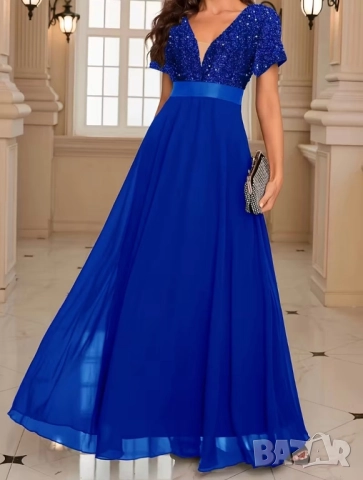 Дълга бляскава рокля в кралско синьо