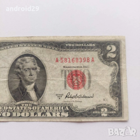 2 долара/DOLAR ,САЩ/USA/червен печат/RED seal -1953 година, снимка 3 - Нумизматика и бонистика - 52440510