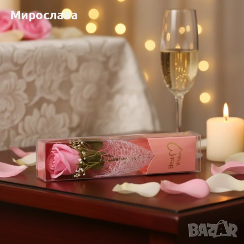 Декоративна единична роза в подаръчна кутия „Best Wishes“, снимка 4 - Подаръци за жени - 53048023