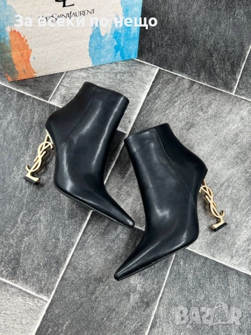 Yves Saint Laurent Дамски Черни Кожени Боти Със Златен Ток Код E877, снимка 2 - Дамски боти - 51815895