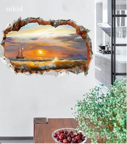  3D залез Море с лодка небе дупка лепенка за стена стикер самозалепващ, снимка 2 - Други - 33744912
