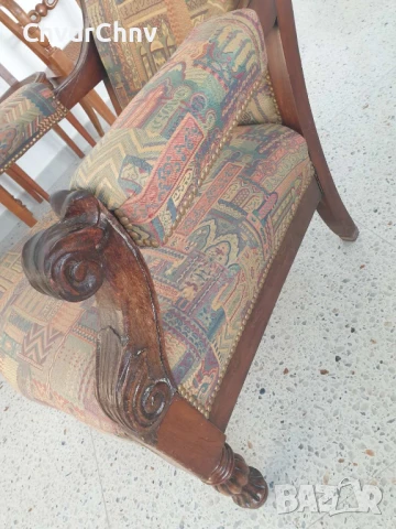 Старо кресло ръчна дърворезба 110см/висок масивен дървен стол с полакътници, снимка 5 - Антикварни и старинни предмети - 46514432