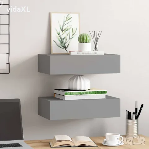 vidaXL Стенни рафтове с чекмеджета, 2 бр, сиви, 40x23,5x10 см, МДФ, снимка 3 - Етажерки - 56146939