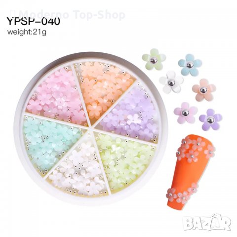 Палитра акрилни цветя и перли за декорация на маникюр - Шест цвята