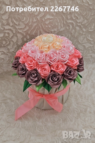 Букет от сатенени рози в кутия, снимка 3 - Изкуствени цветя - 52238086