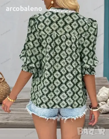 Модна дамска риза с къс ръкав и геометричен принт, снимка 5 - Ризи - 50054677