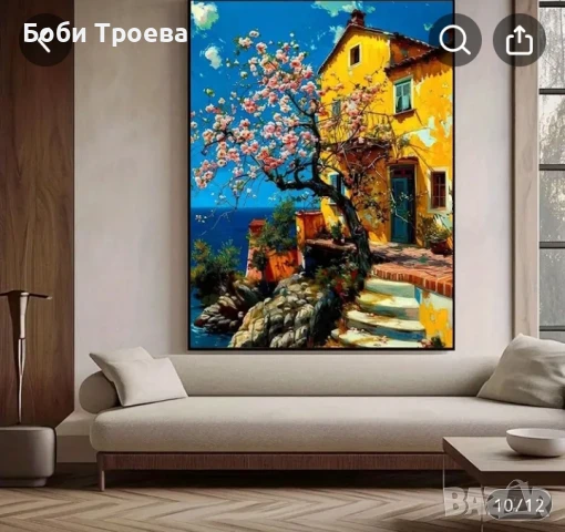 Крайбрежна Картина - Ярко Жълто и Розово Флорален Морски Пейзаж с Цъфтящи Черешови Цветове, снимка 2 - Картини - 50980800