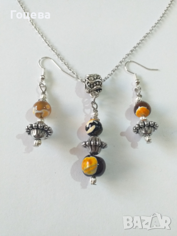 Красив комплект бижута с преливащ Ахат и орнаменти в стил Антик , снимка 1