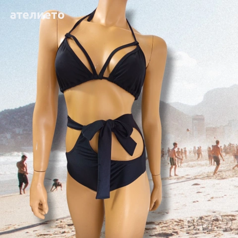 бански висока талия с изрязани елементи и колан и триъгълно горнище