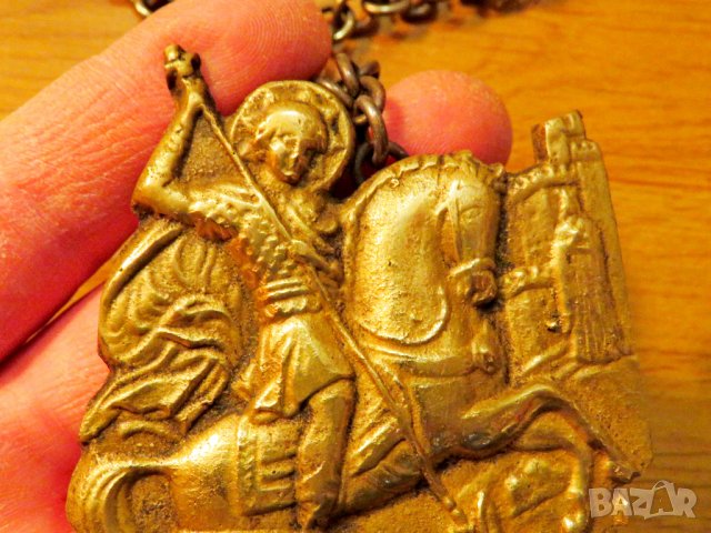 Старинна солидна бронзова икона, нагръден медальон със Свети Георги Победоносец - вашия покровител и, снимка 2 - Антикварни и старинни предмети - 38465263