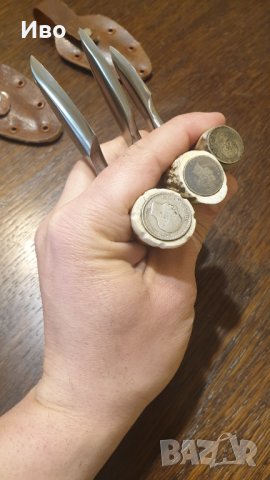 Нож острие кожа сребърна монета еленов рог, снимка 5 - Ножове - 31822909