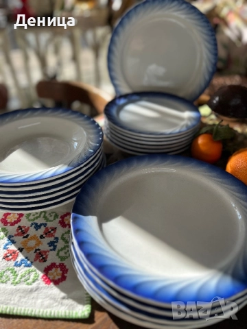 Керамичен комплект за хранене Италия, преливащ син кант и вълнист релеф 6 основни-25 см, 6 супени-23