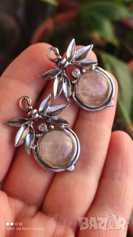 Масивни сребърни обеци с розов кварц, снимка 5 - Обеци - 42888936