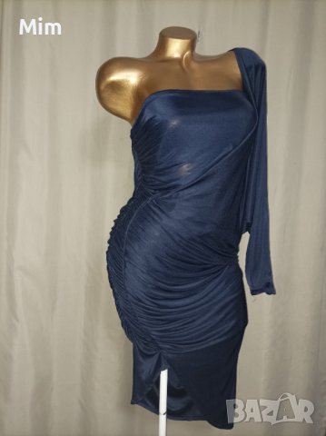 М Елегантна Тъмно синя еластична,рокля с един ръкав, снимка 1 - Рокли - 37361319