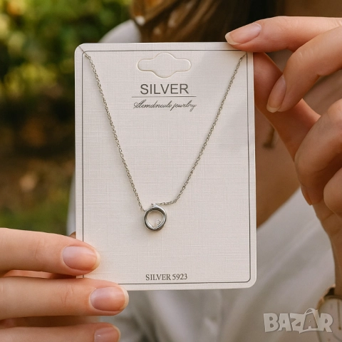 Класическо сребърно колие с кръгла висулка, снимка 6 - Колиета, медальони, синджири - 51926355