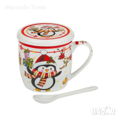 Комплект коледна чаша Mercado Trade, С капак и лъжица, Пингвин, 350мл., снимка 1 - Чаши - 42925070