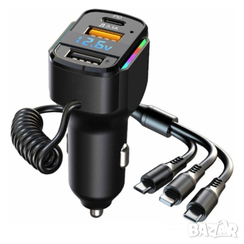 Адаптер за запалка с 3 порта, кабел и волтметър автомобил джип миниван кола