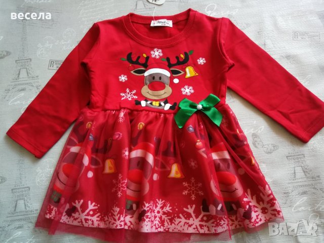 Коледни роклички малки и големи номера червен цвят с еленче и дантела. Памучна материя, еластична. , снимка 1 - Детски рокли и поли - 38481570