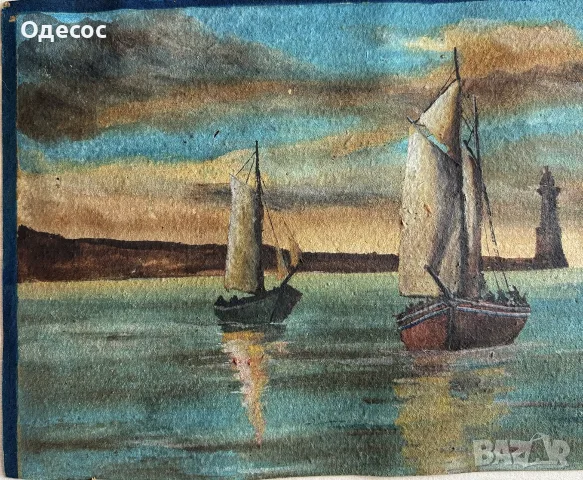 Стар морски пейзаж на Худ.Атанас Михов,акварел, снимка 5 - Антикварни и старинни предмети - 55960399