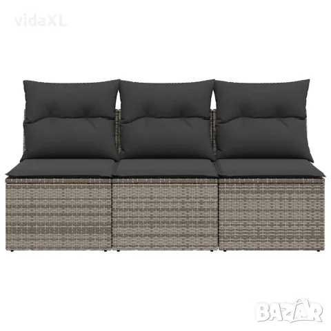 vidaXL Градински диван с възглавници, 3-местен, сив, полиратан, снимка 4 - Градински мебели, декорация  - 56147339