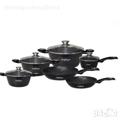 Комплект съдове за готвене Cheffinger 10 части мраморно покритие тенджери тигани, снимка 9 - Съдове за готвене - 54165498
