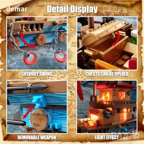 Комплект за сглобяване на пиратски кораб (916 части) с LED светлини, снимка 4 - Образователни игри - 52720459