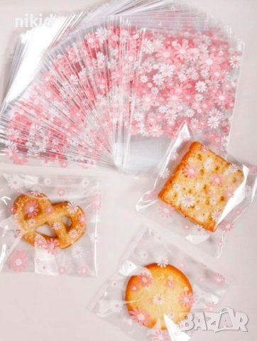 50 бр Прозрачни розово бели маргаритки цветя опаковъчни пликчета торбички за дребни сладки подаръци, снимка 3 - Други - 42069539