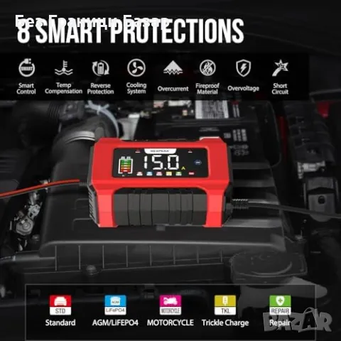 Ново 15A Зарядно за Авто и Мото Батерии 12V/24V - Бързо и Смарт за коли, снимка 2 - Друга електроника - 47518703