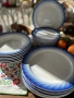 Керамичен комплект за хранене Италия, преливащ син кант и вълнист релеф 6 основни-25 см, 6 супени-23, снимка 1