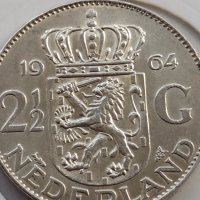 Сребърна монета 2 1/2 гулдена 1964г. Кралица Юлиана Нидерландска 39626, снимка 5 - Нумизматика и бонистика - 42755713