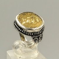 Сребърен пръстен с позлатена реплика на монета на Брут с камите, снимка 3 - Пръстени - 36811851