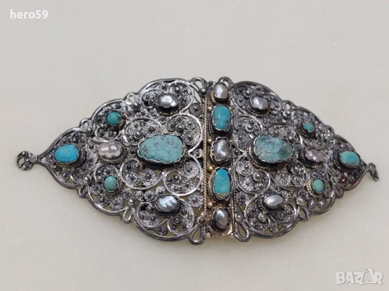 Османски сребърни филигранни пафти с инкрустирани тюркуази и перли-сребро 900 проба Продадени, снимка 1