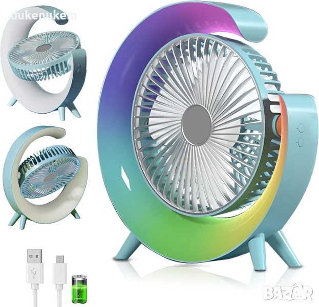 USB настолен вентилатор, 3 скорости, 360° въртене, LED осветление, снимка 1