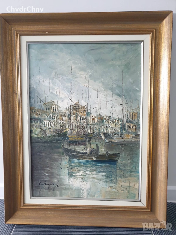92х73см/голяма картина масло върху платно/морски пейзаж/градски къщи-рибарски лодки, снимка 1