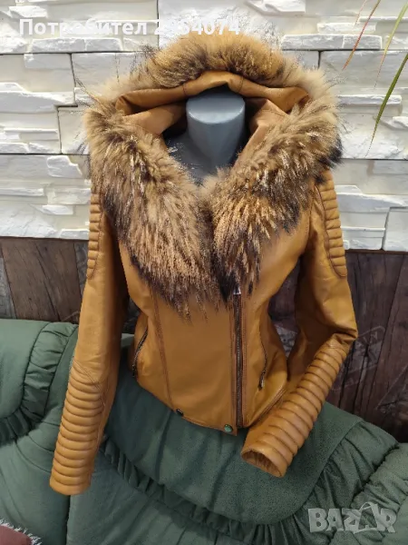 естествена кожа и естествен косъм лисица в цвят горчица balos мл -135лв, снимка 1