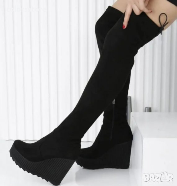 Ботуши на платформа - черен велур - 1906, снимка 1