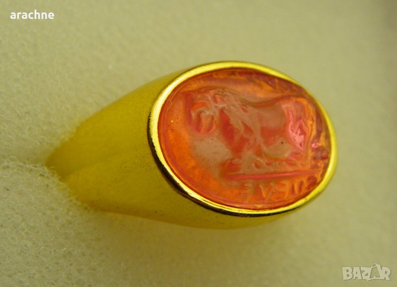 Сребърен позлатен пръстен с камея-лъв, снимка 1