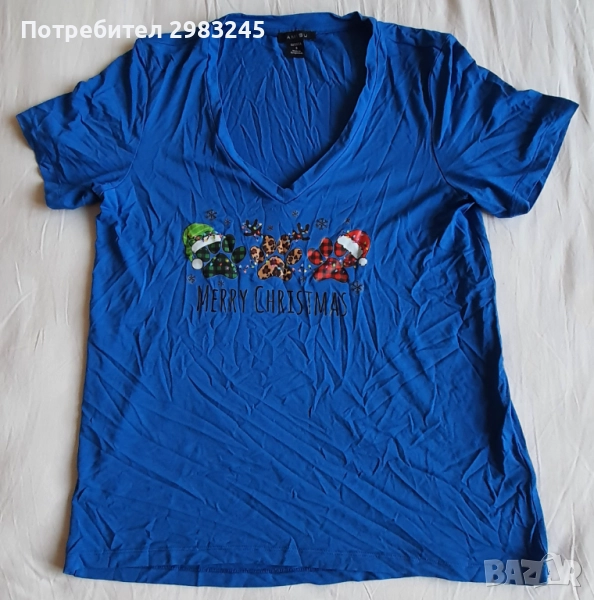 Синя коледна тениска с къси ръкави и шпиц деколте , снимка 1