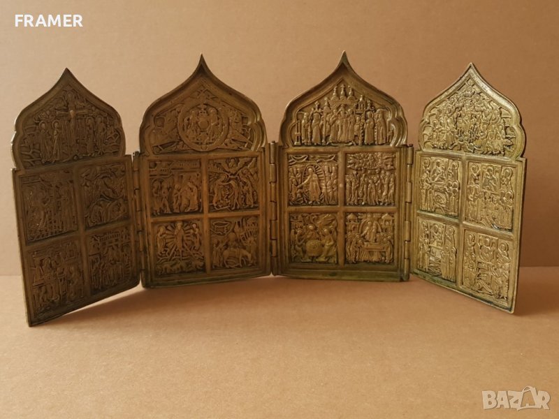 Икона Руска бронзова КВАДИПТИХ рядка форма оригинал 19 век, снимка 1