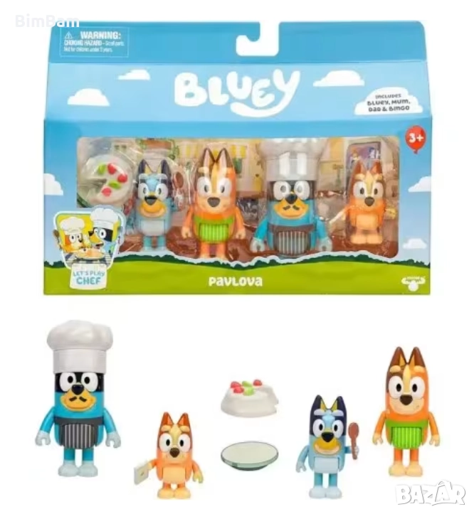 Комплект фигурки Bluey 4 броя Bingo, Bandit In His Chef Hat And Chilli, снимка 1