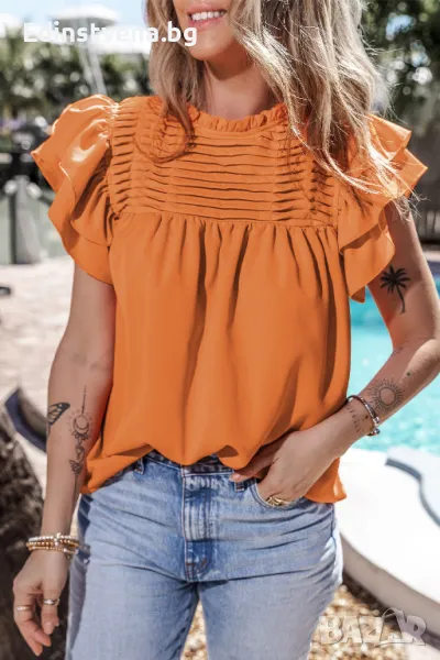 Дамски топ в оранжев цвят с ефектни къдрички, снимка 1