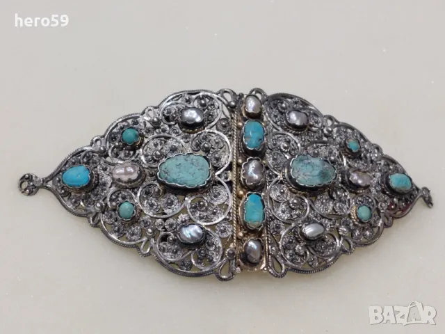 Османски сребърни филигранни пафти с инкрустирани тюркуази и перли-сребро 900 проба Продадени, снимка 1